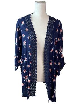 Navy Floral Lace-Trim Open Cardigan - Women's kimono L